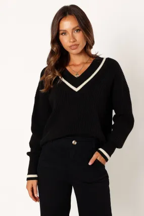 FourWay Stretch Design Dominique Contrast Vneck Knit Sweater - Black/Cream