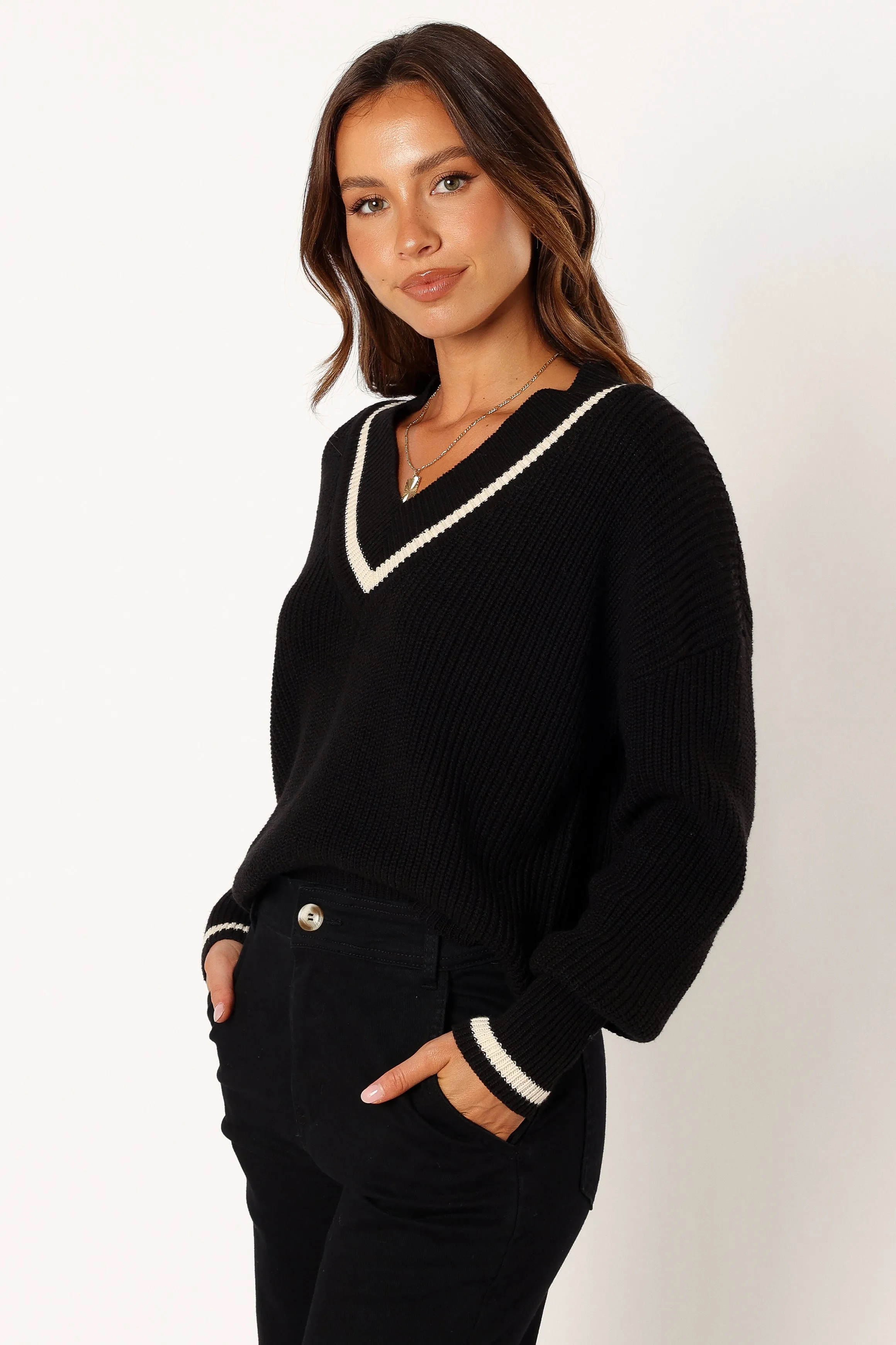 Dominique Contrast Vneck Knit Sweater - Black/Cream OdorResistant