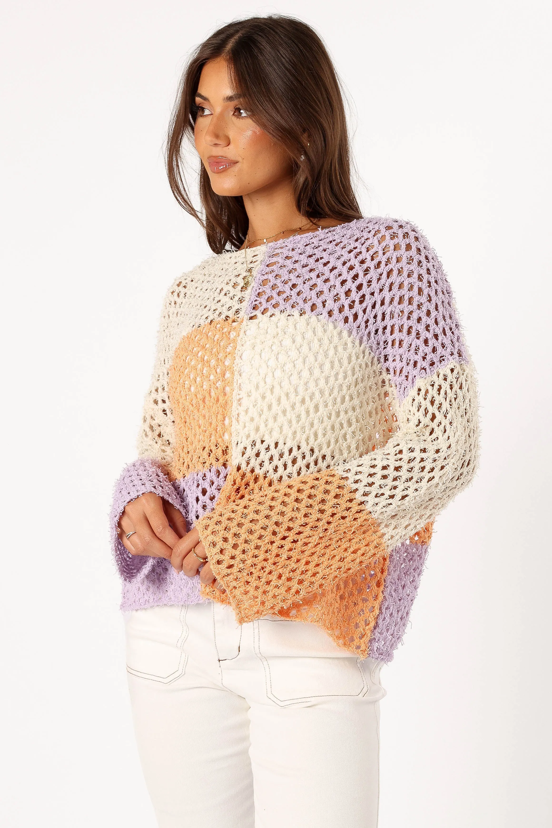Dawn Color Block Knit Sweater - Cream Lavender AntiStatic Finish Brushed Inner