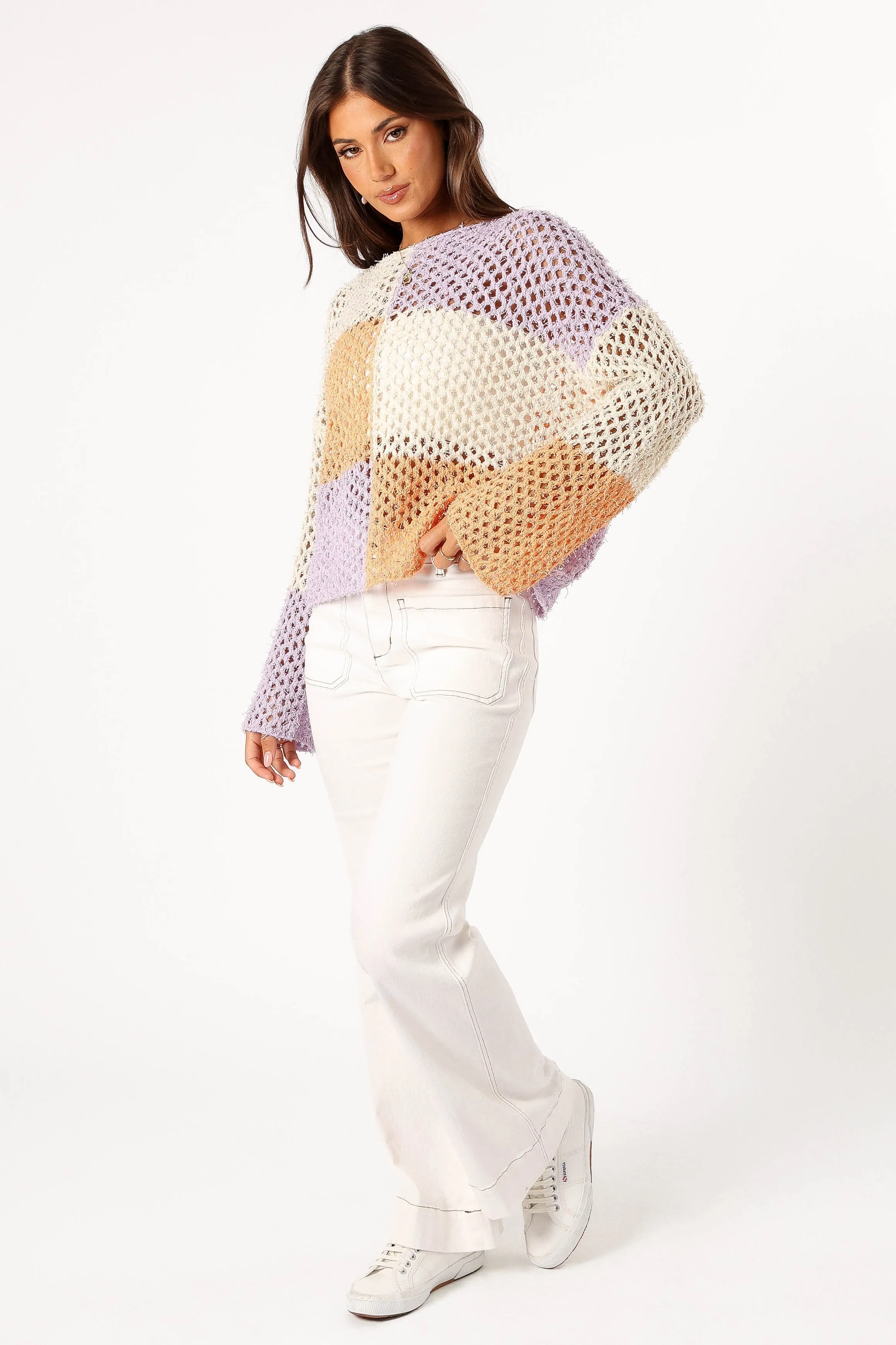Butter Soft Yarn Dawn Color Block Knit Sweater - Cream Lavender
