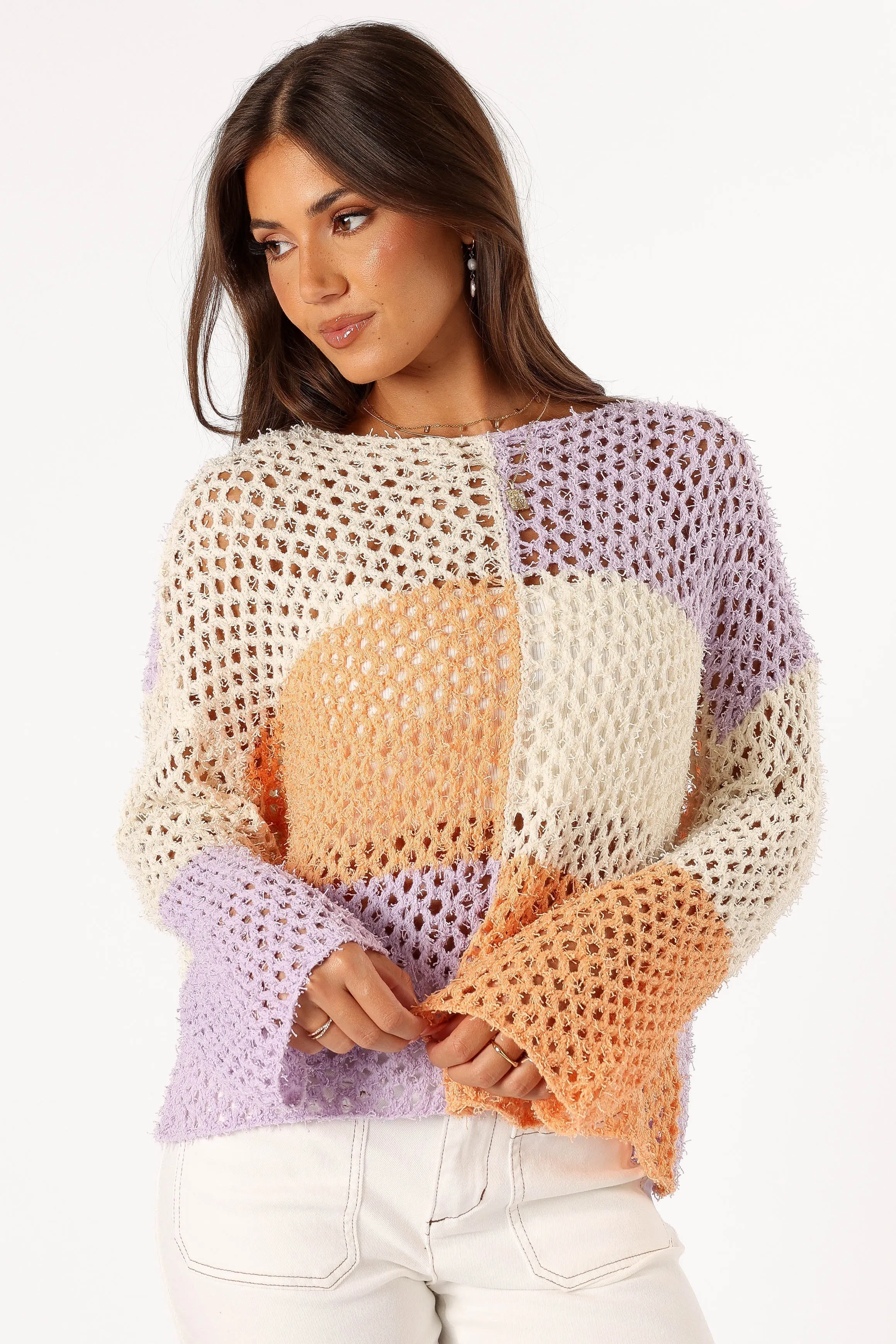 Crew Neckline Year Round Dawn Color Block Knit Sweater - Cream Lavender