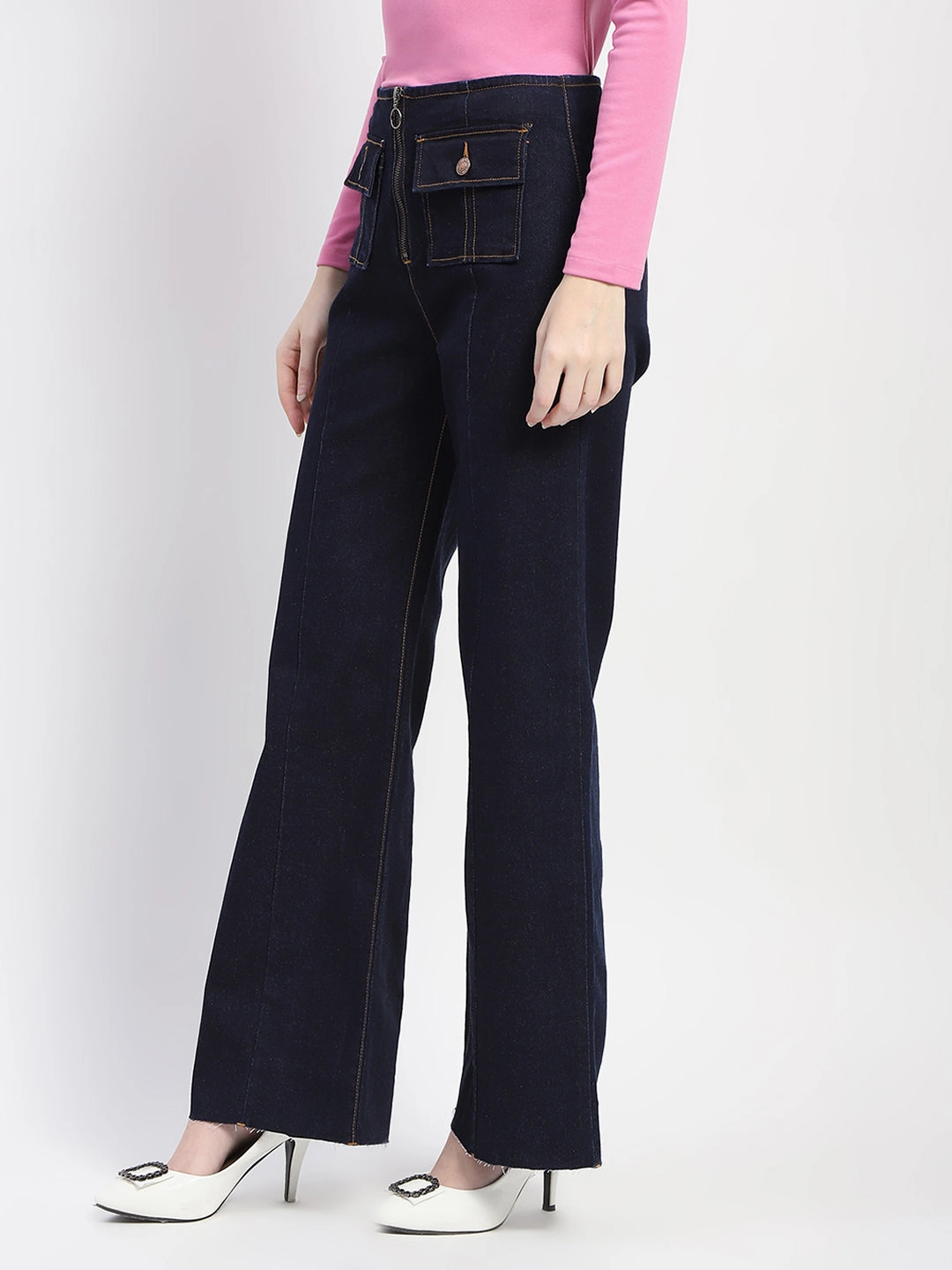 Teen Outfit Nature Lover Unisex Wear Athlete Fit High Quality Madame Zipped Flap Patch Flared Carbon Blue Denim