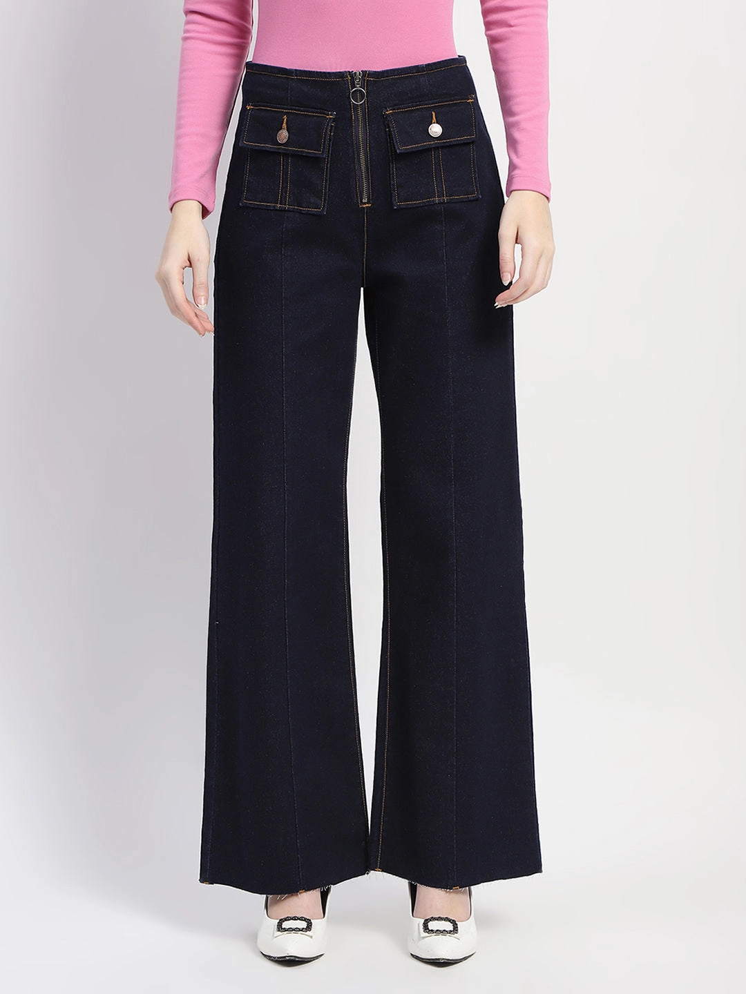 Madame Zipped Flap Patch Flared Carbon Blue Denim Home Comfort Weekend Warrior Casual Fit