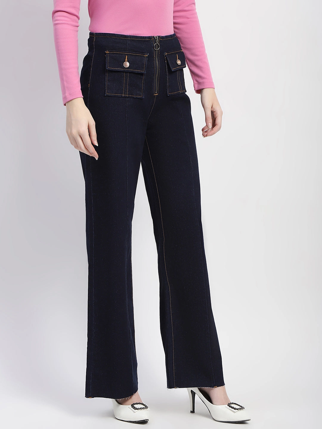 Home Comfort Bold Look Sunny Vibes Madame Zipped Flap Patch Flared Carbon Blue Denim