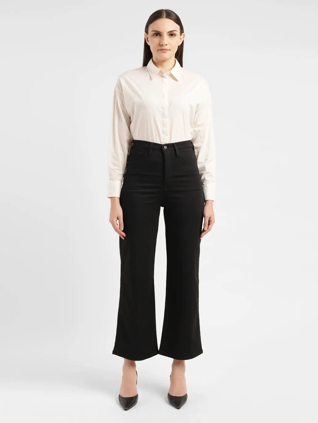 Women's Redloop Black Ribcage Bell Bottom Wide Leg Fit High Rise Jeans Daily Mix