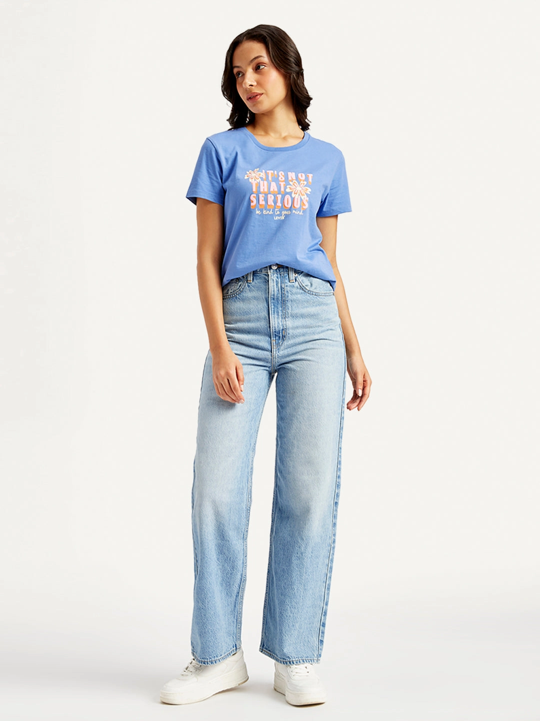 Women's Blue Loose Fit High Rise Jeans Acid Wash Effect