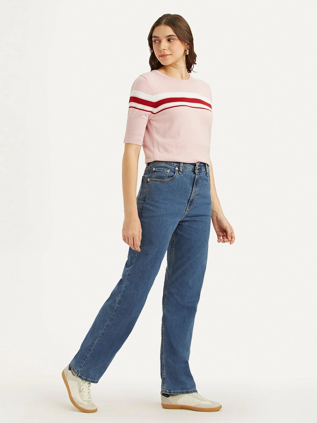 Party Look Earthy Simple Layers Women's Blue Ribcage Straight Fit High Rise Jeans