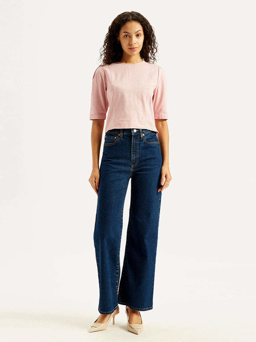 Women's Navy Blue Ribcage Bell Bottom Wide Leg Fit High Rise Jeans Seamless Pocket Design