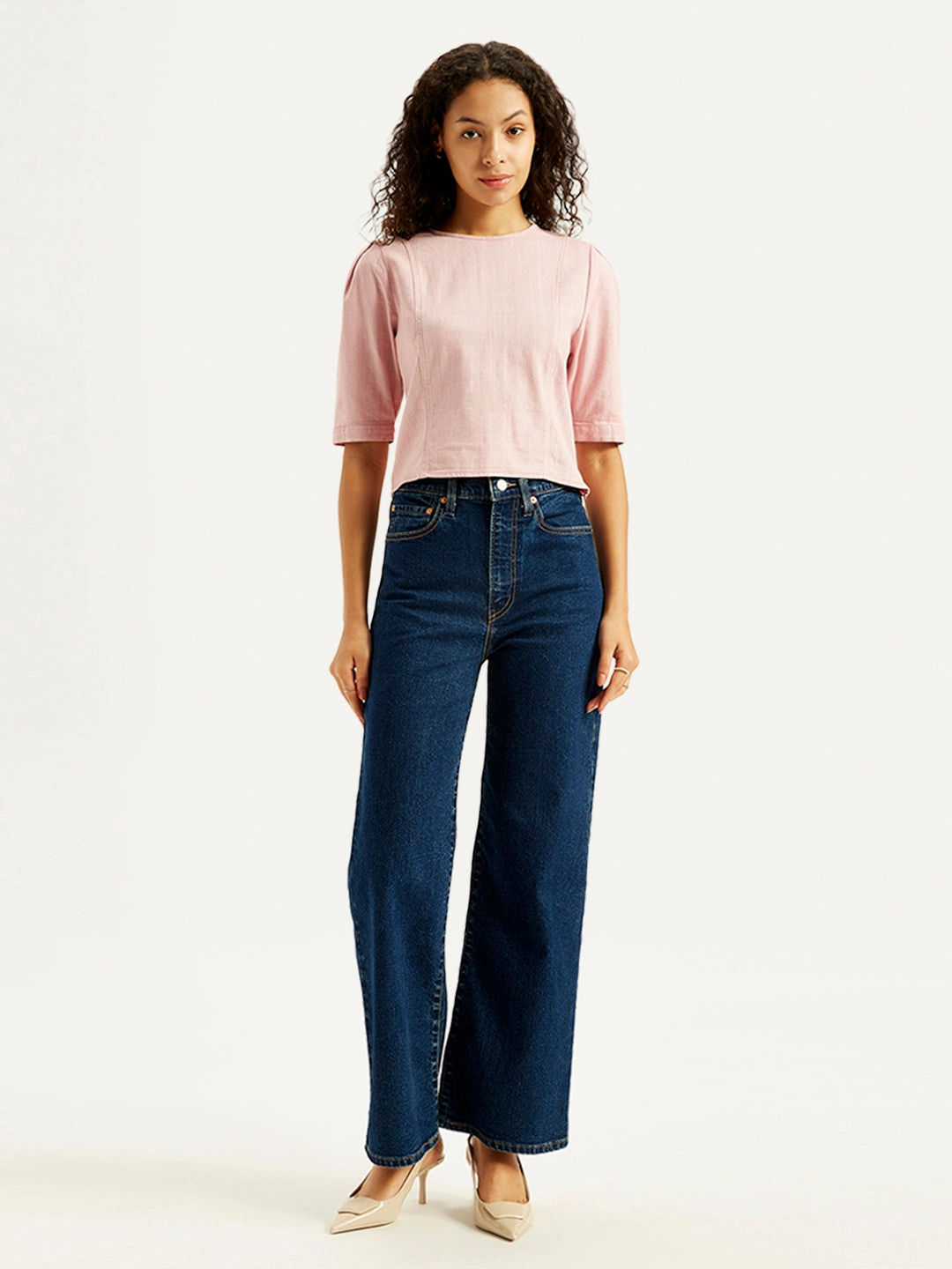 Women's Navy Blue Ribcage Bell Bottom Wide Leg Fit High Rise Jeans school outfit