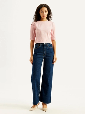 Vintage Lover Teen Outfit Women's Navy Blue Ribcage Bell Bottom Wide Leg Fit High Rise Jeans