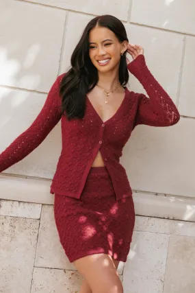 PreShrunk Material Suzzie Textured Knit Skirt/Cardi Set - Oxblood