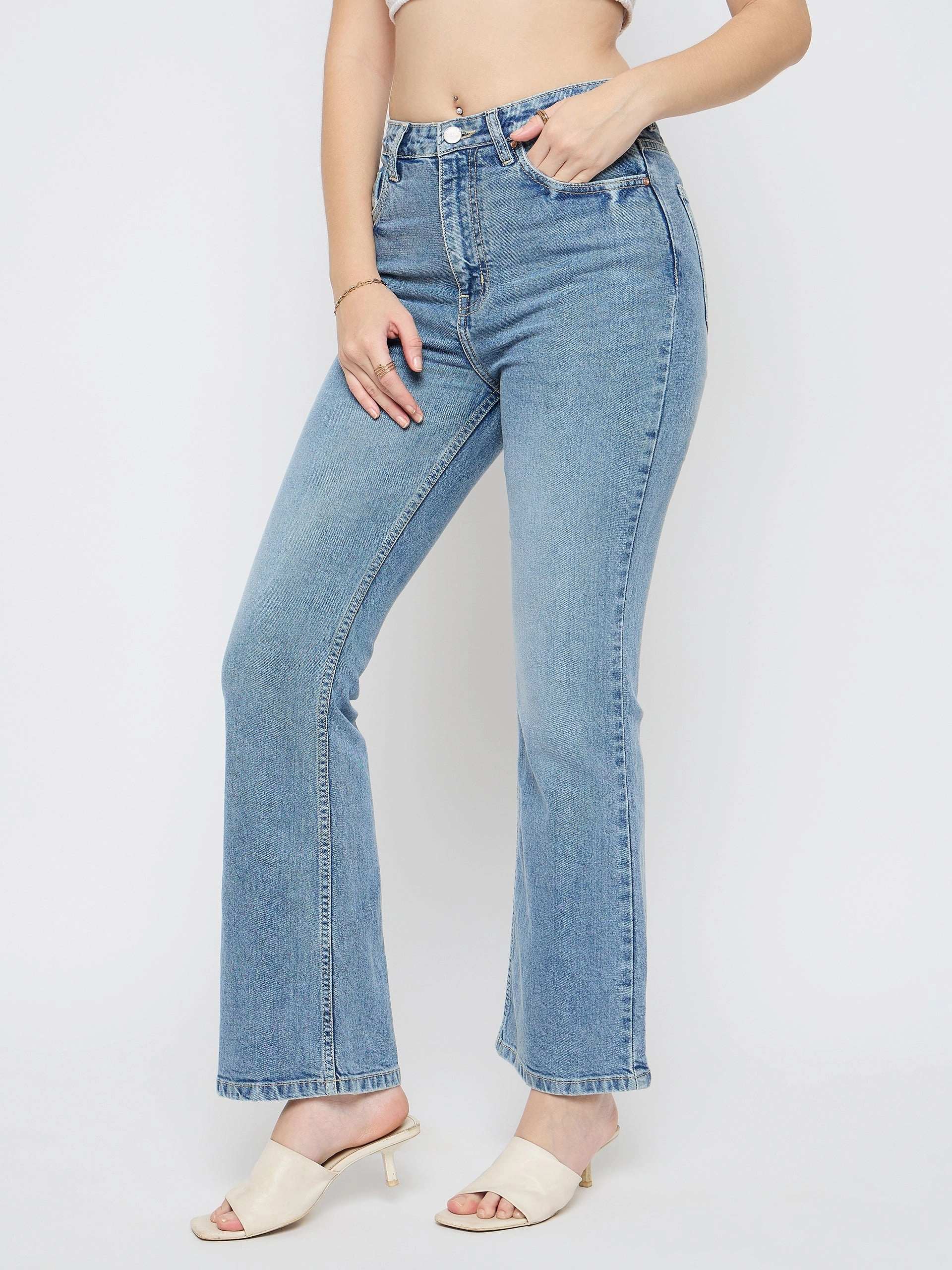 Madame Stone Wash Flared Light Blue Cotton Blend Jeans Neutral Lightweight