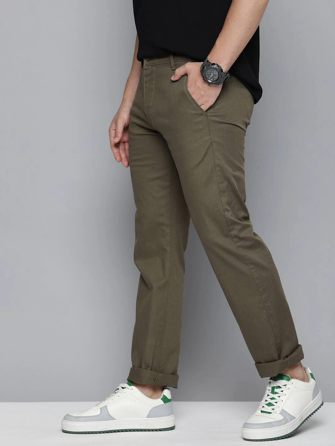 Men's Olive Slim Fit Chinos Reflective details