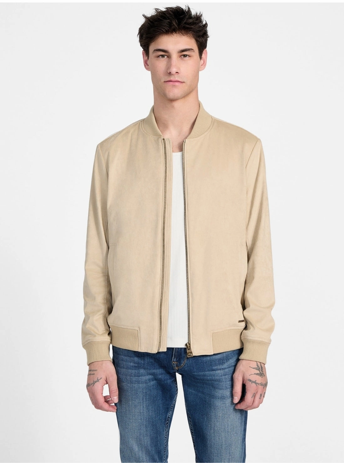 Eco Beige Faux-Suede Flight Jacket Mesh Ventilation Panels