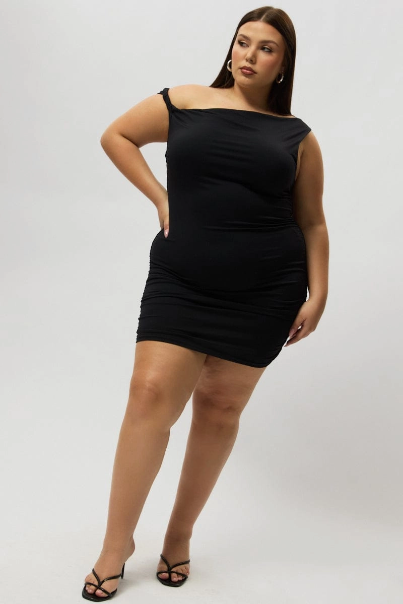 Black Off Shoulder Mini Bodycon High-Neck Flow Sleeve