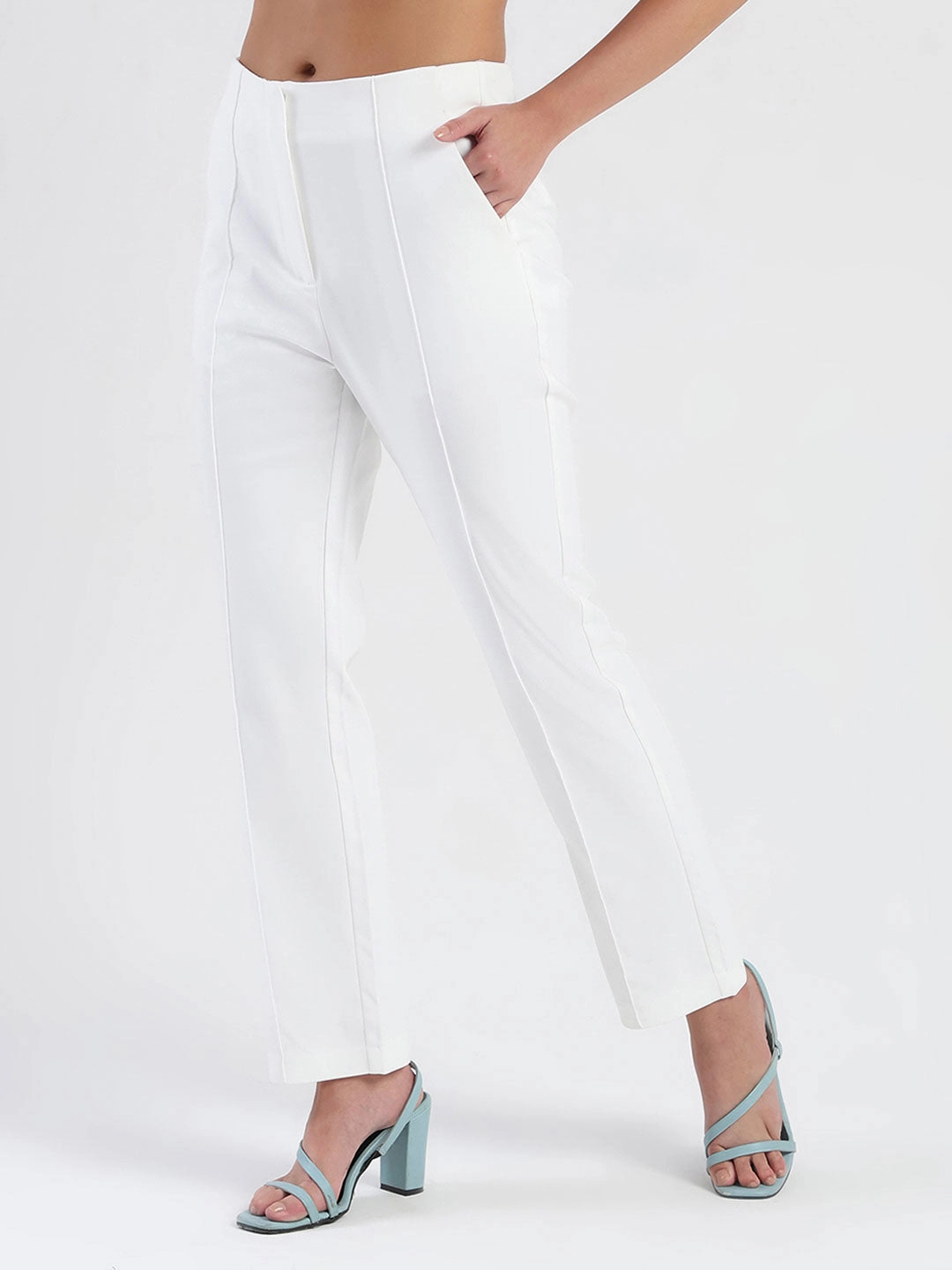 Madame Alex Front Pintuck Detailed White Trousers Cozy Comfort Soft Brush Lining