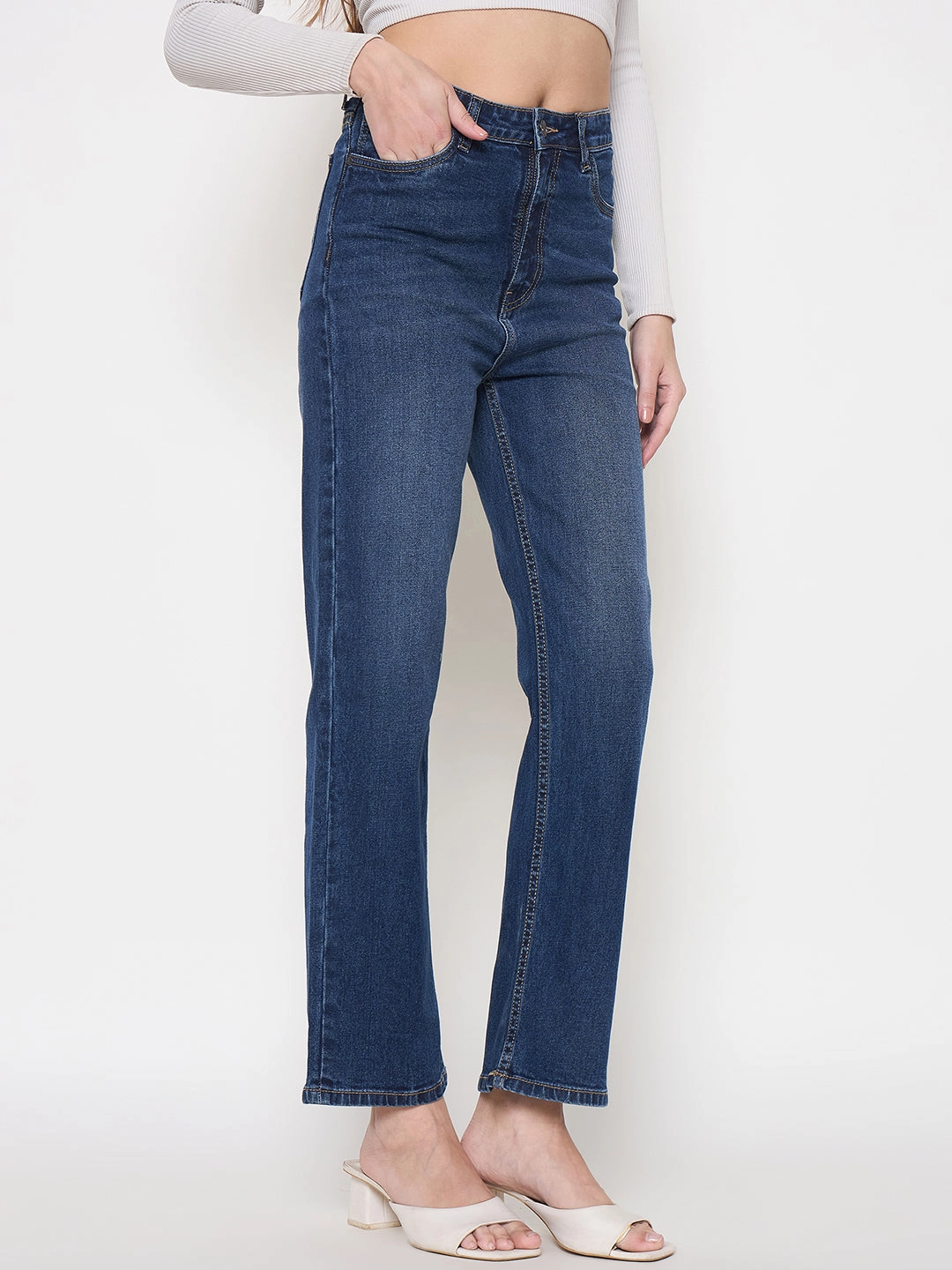 Madame Cotton Blend Rolled Hem Dark Blue Straight Denim Jeans Travel Ready