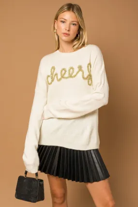 FrictionReduced Sleeve Construction Poppy Cursive Cheer Knit Sweater - White