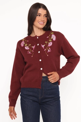 Chic Warmth Autumn Layer Brittany Placed Embroidery Flower Cardigan - Burgundy
