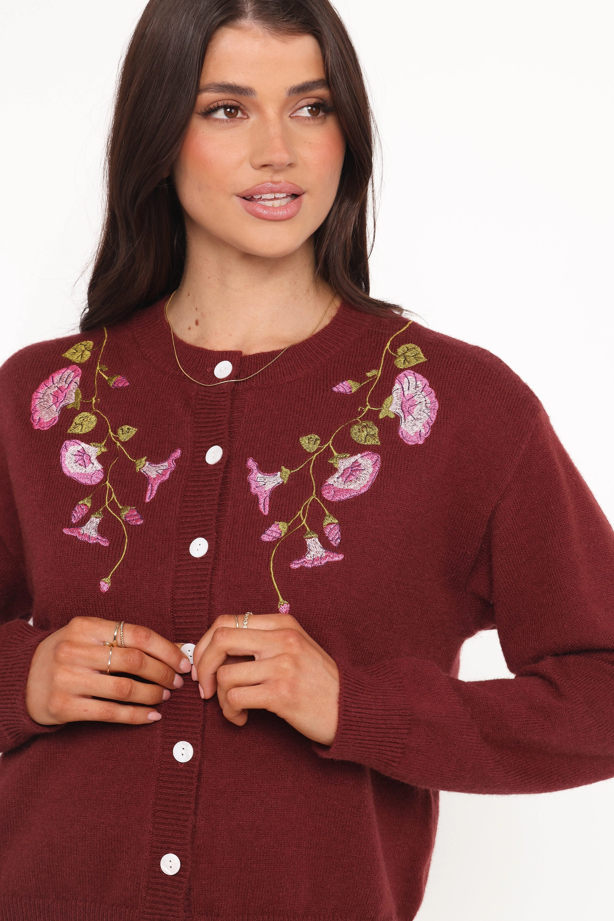 Sleek Texture Brittany Placed Embroidery Flower Cardigan - Burgundy