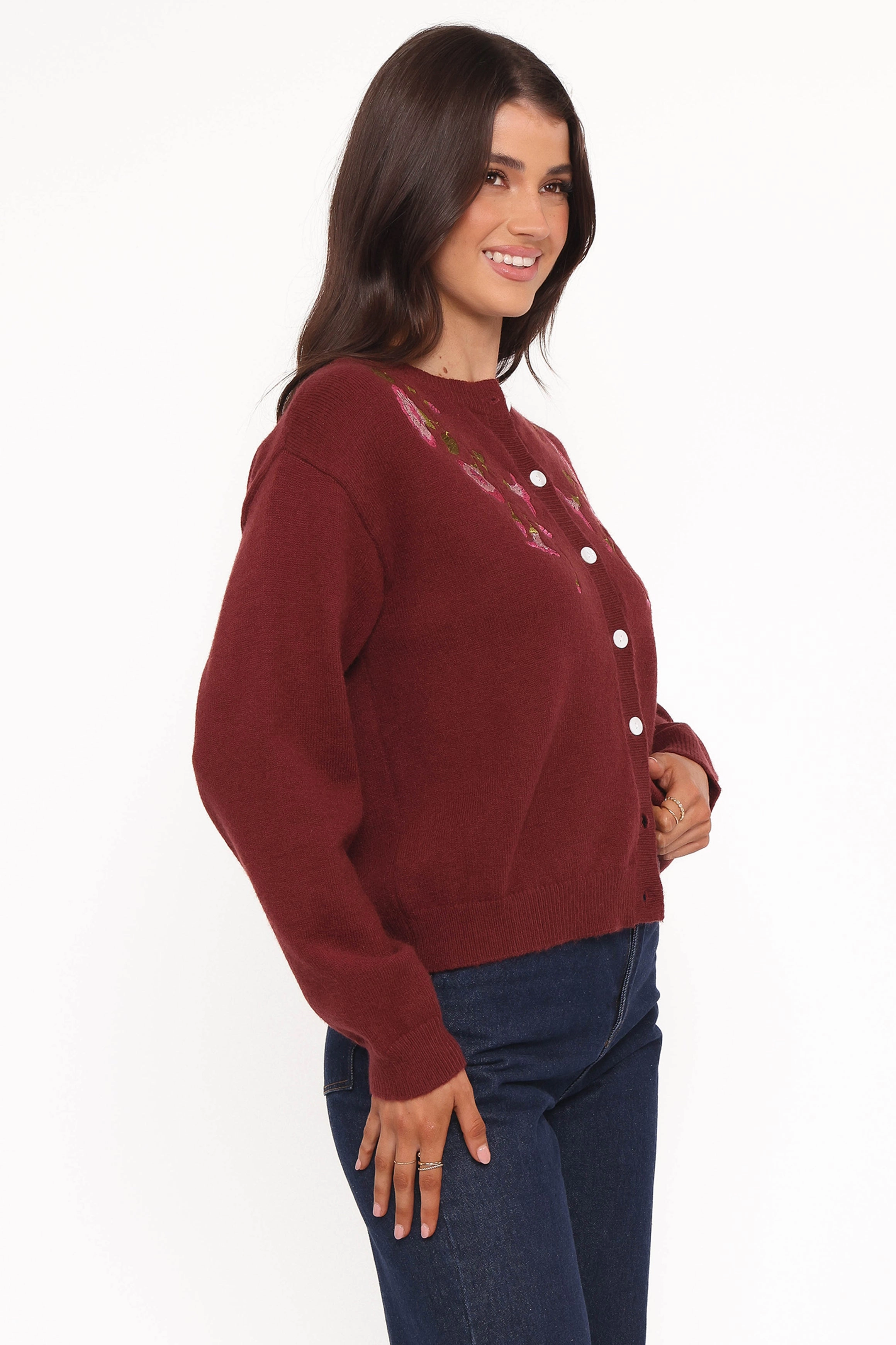 Brittany Placed Embroidery Flower Cardigan - Burgundy EcoFriendly Dye Simple Wear