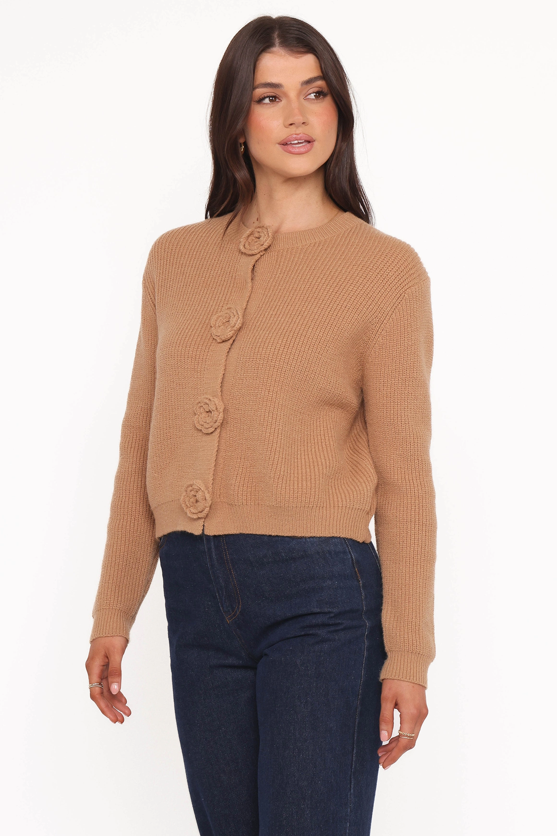Jones Rosette Cardigan - Mocha Neutral Fit Smooth Seam