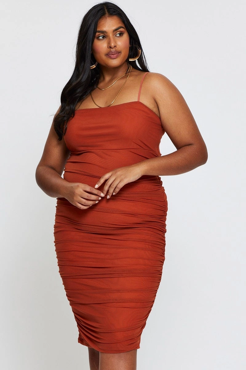 Calm Aesthetic Brown Bodycon Dress Square Neck Sleeveless Midi