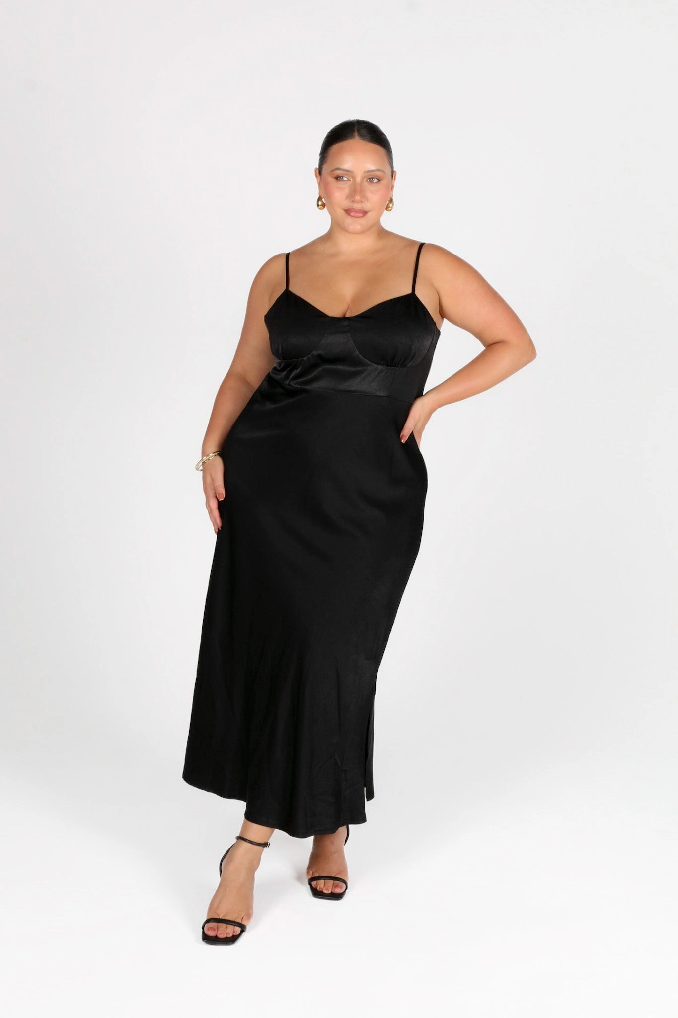 MARGOT SILKY SLIP MIDI DRESS BLACK Elegant Waist Design Layer Light