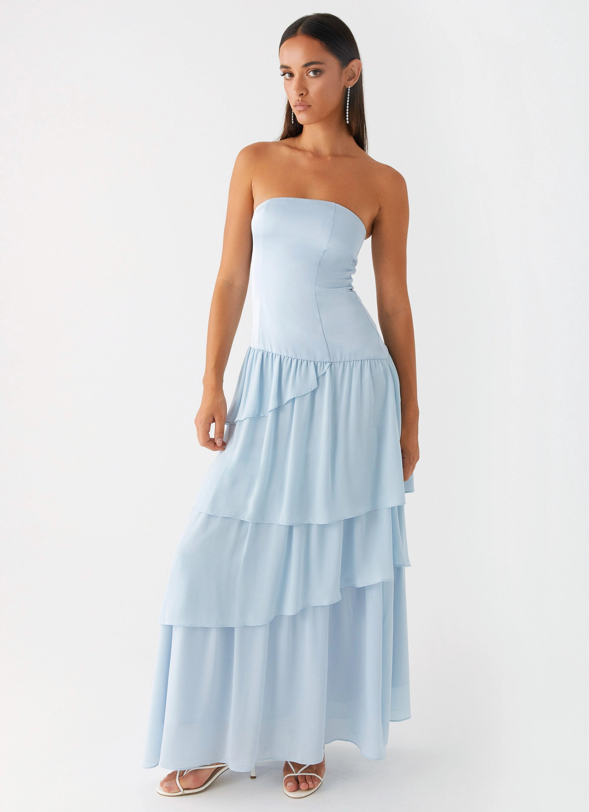 Our Story Maxi Dress - Pastel Blue Glossy-Finish Shine Skin