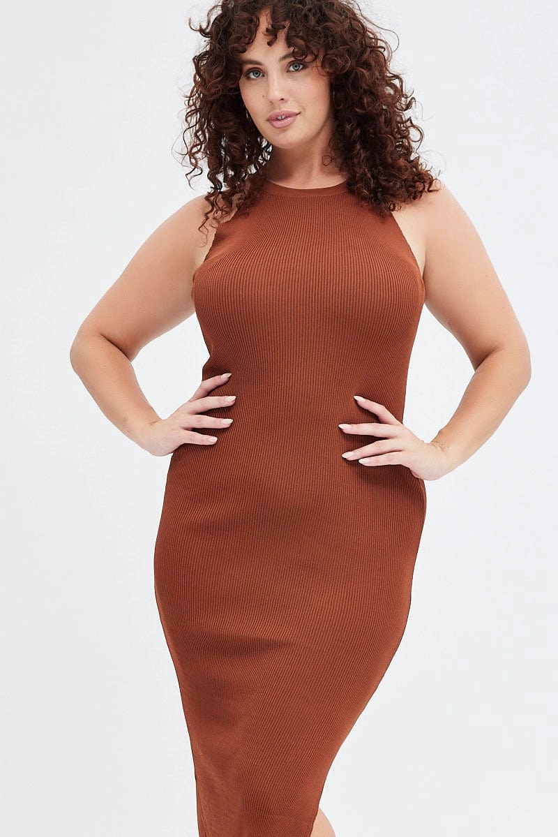 Brown Knit Dress High Neck Midi Casual and Stylish