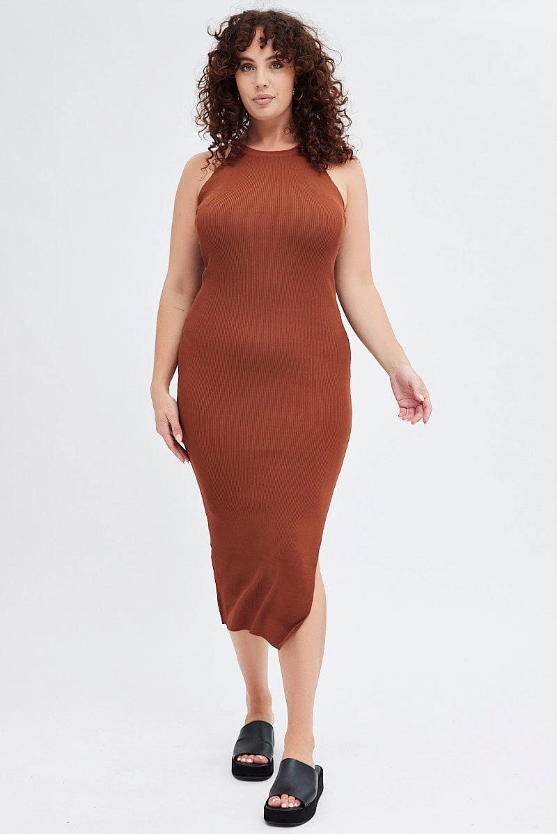 Free Shape Light and Breezy Brown Knit Dress High Neck Midi