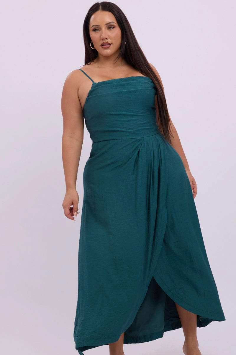 Green Midi Dress Sleeveless Wrap Front Sunset Glow