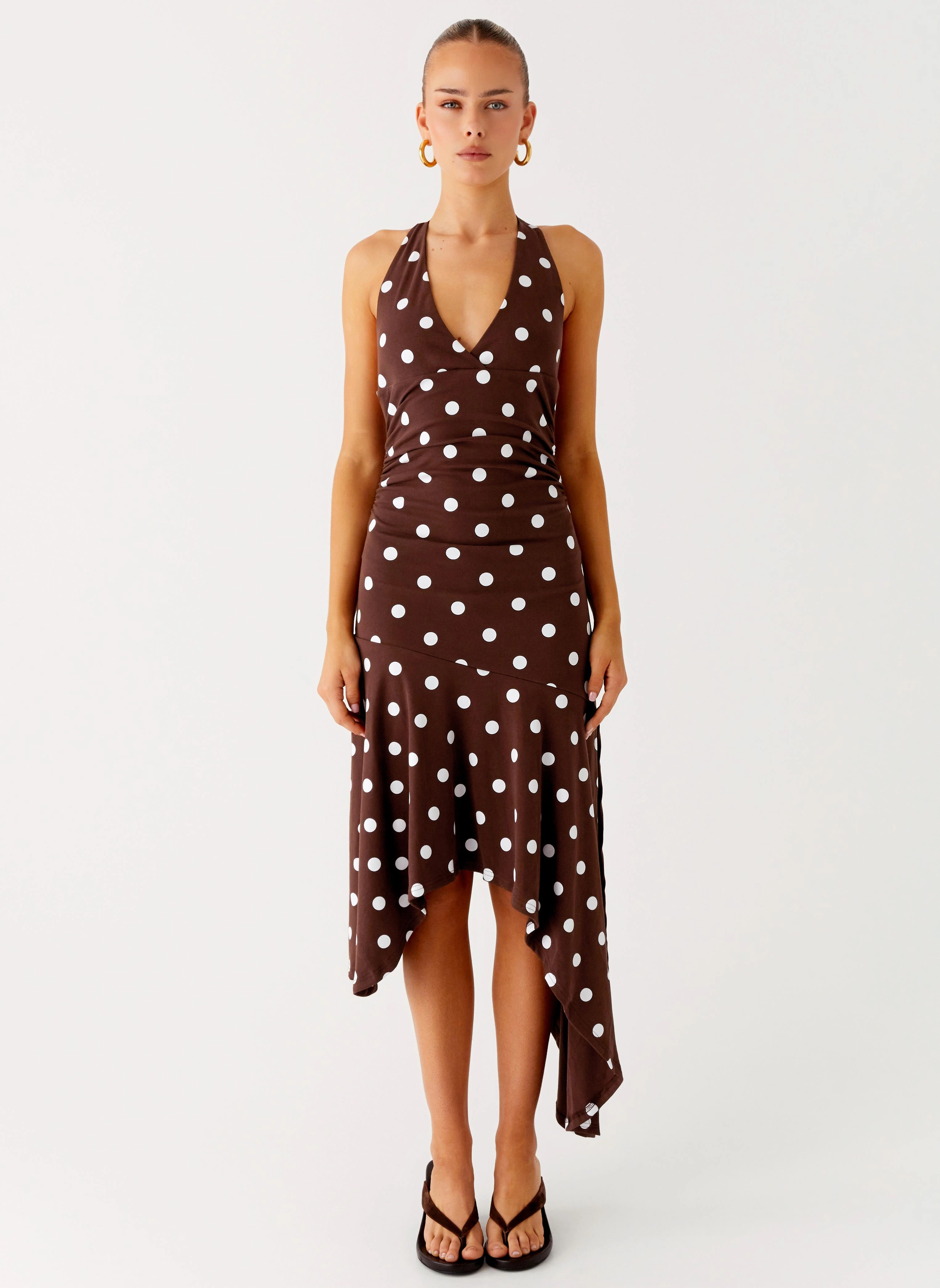 Keylani Halter Midi Dress - Chocolate Mesh-Sleeve Subtle Glow