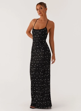 Basic essential Spring Vibe Cressida Rhinestone Mesh Maxi Dress - Black