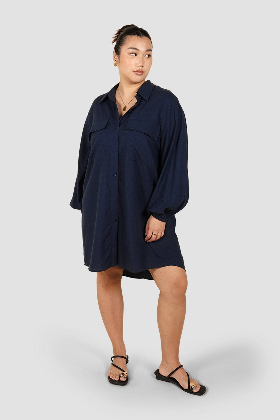 RORAN BUTTON DRESS NAVY Flattering Shape Design Beauty Zone