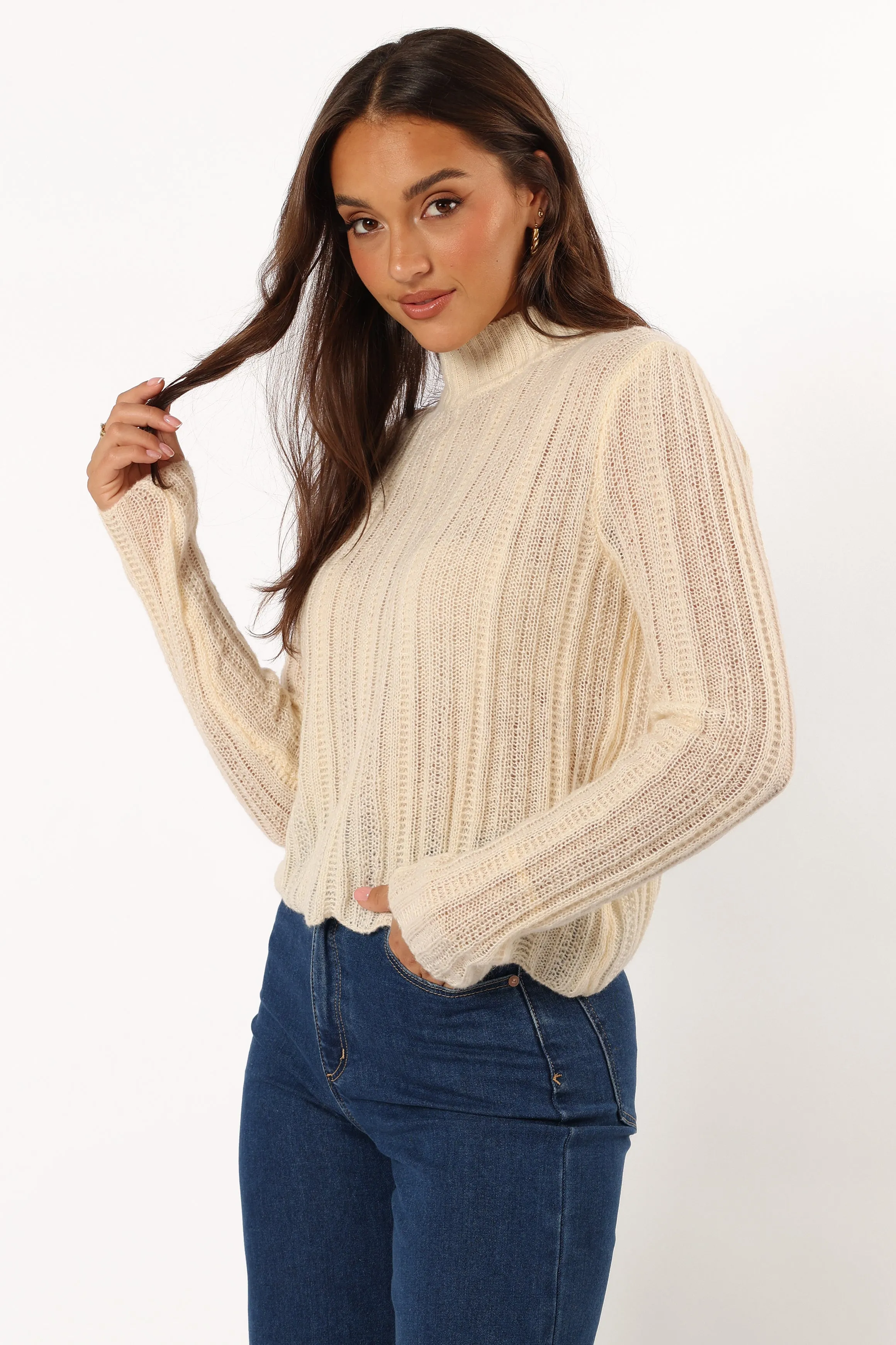 Cozy Fleece Wynford Scallop Edge Knit Sweater - Cream