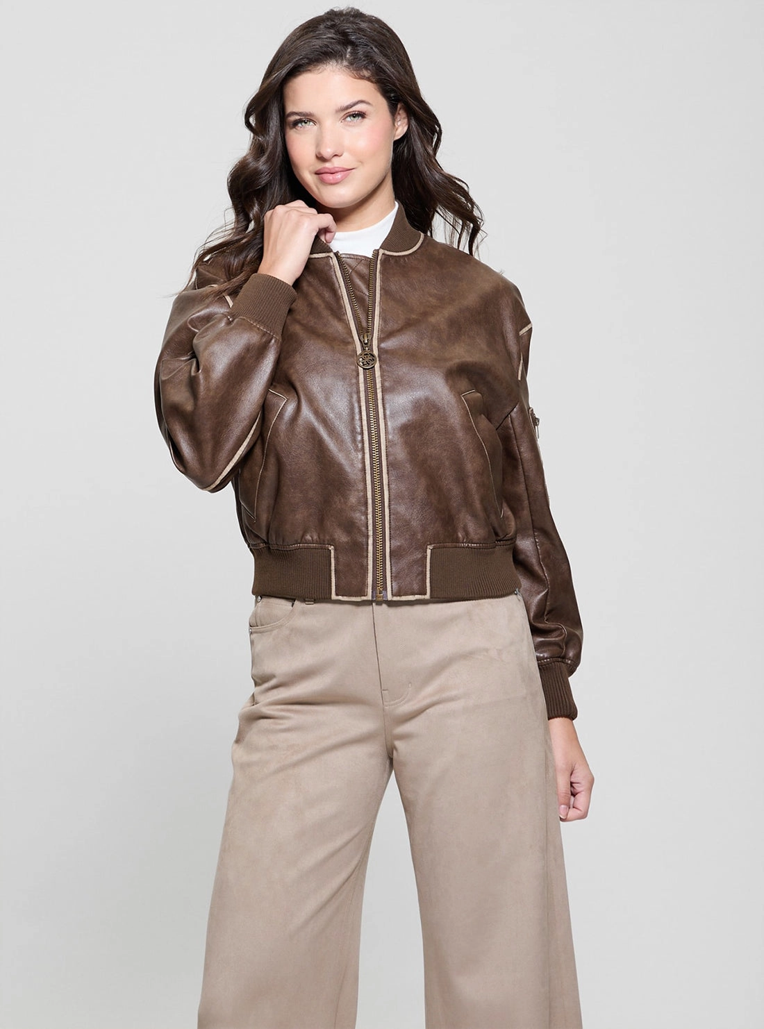 Brown Angelique Vintage Bomber Jacket Waterproof Zipper
