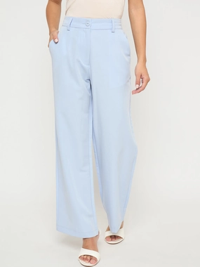Madame Solid Sky Blue Straight Fit Trousers Stylish Appearance