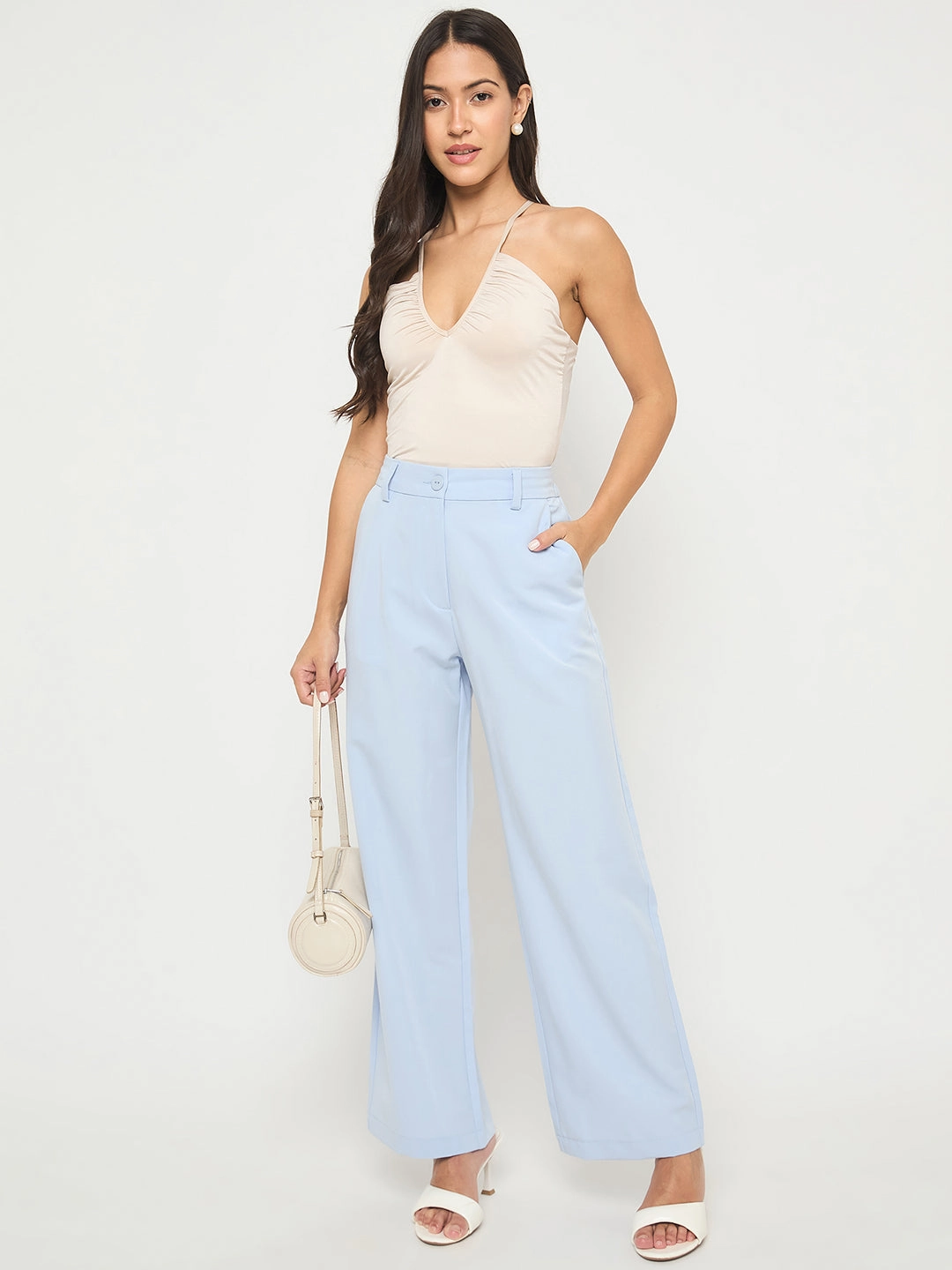 Madame Solid Sky Blue Straight Fit Trousers Flexible Material Comfy Movement
