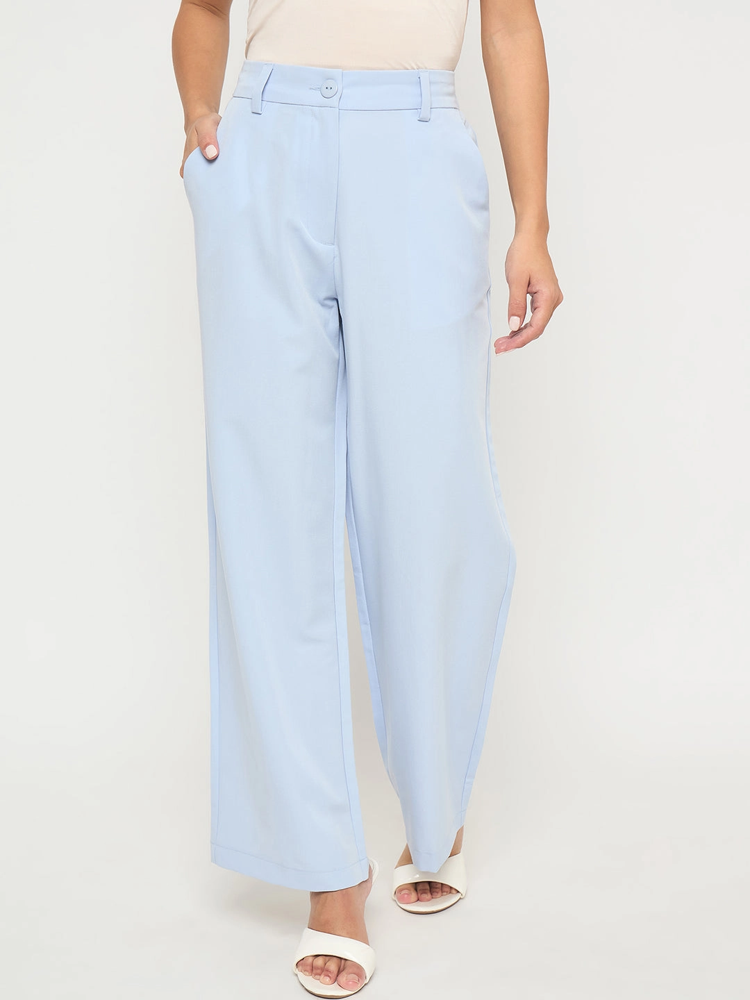 Madame Solid Sky Blue Straight Fit Trousers Stylish Appearance
