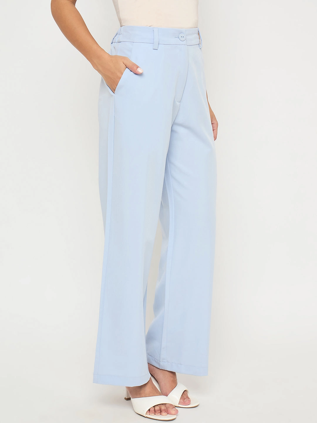 Madame Solid Sky Blue Straight Fit Trousers Feminine Fit Minimal Bulk