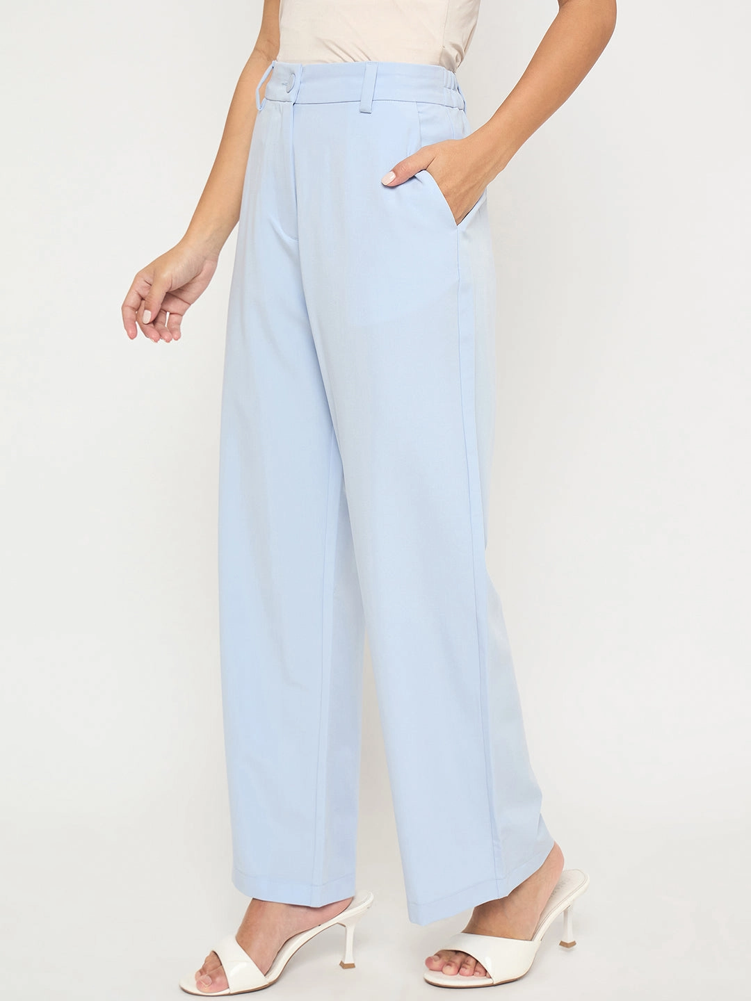 Madame Solid Sky Blue Straight Fit Trousers pilling resistant