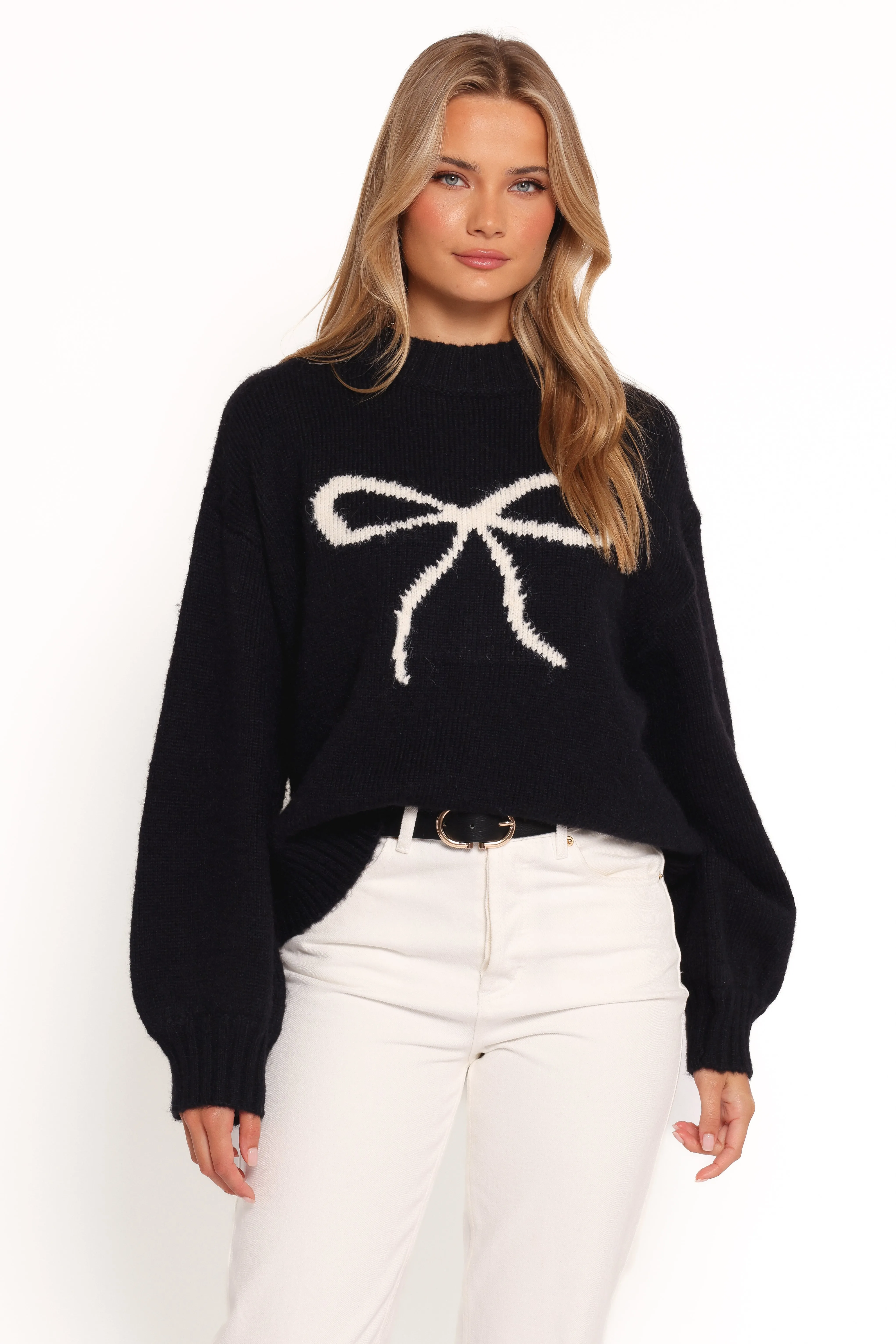 EcoFriendly Material Blend Neutral Style Cecelia Bow Print Mock Neck Knit Sweater - Black