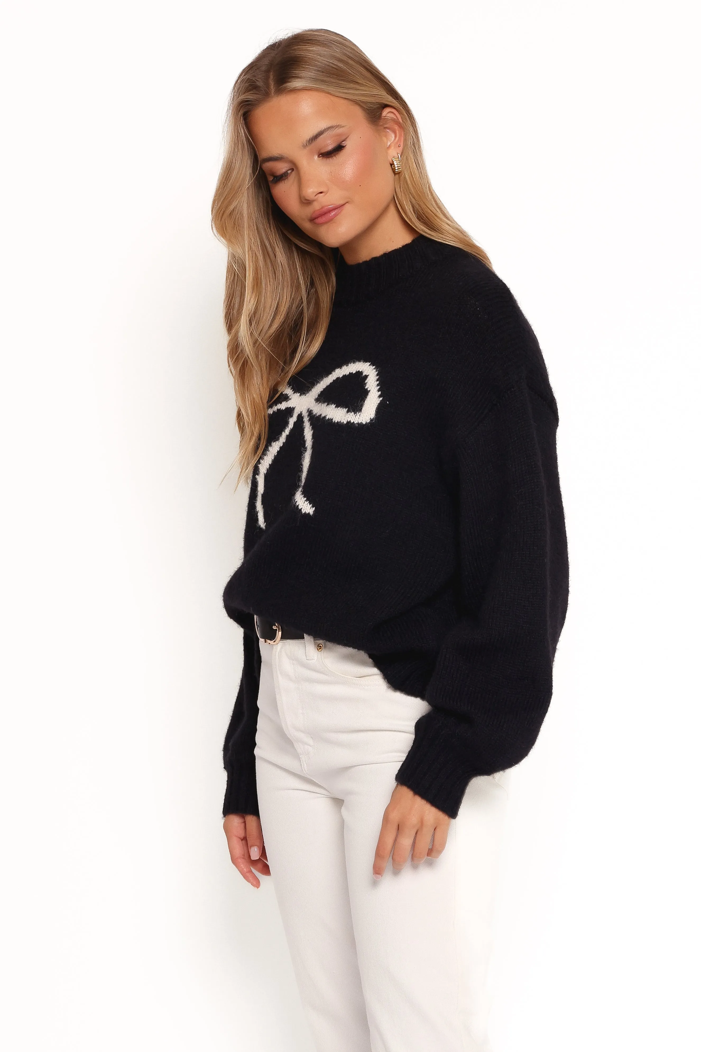 Cecelia Bow Print Mock Neck Knit Sweater - Black Low Impact Dye