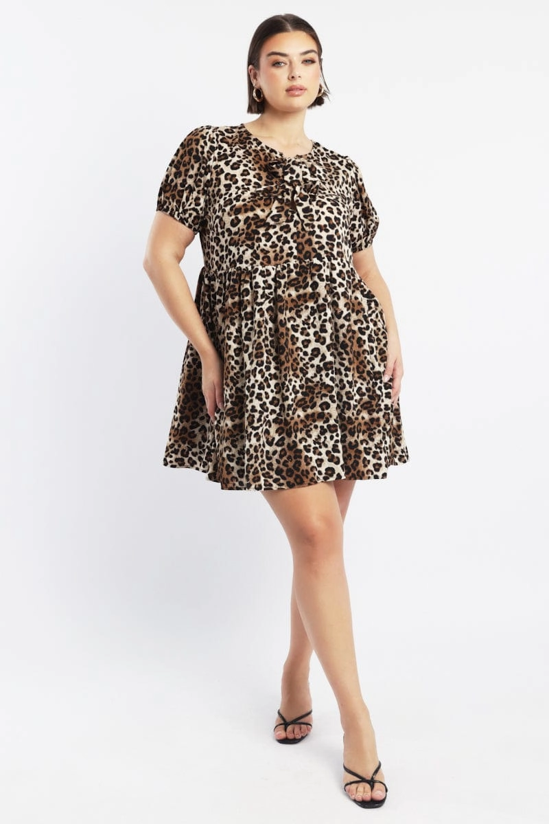 Calm Style Soft Layers Brown Animal Print Contrast Bow Leopard Minidress