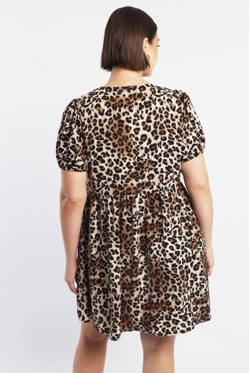 Bell-Sleeve Comfortable Silhouette Brown Animal Print Contrast Bow Leopard Minidress