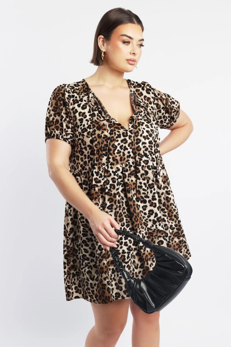 Stain-Resistant Brown Animal Print Contrast Bow Leopard Minidress