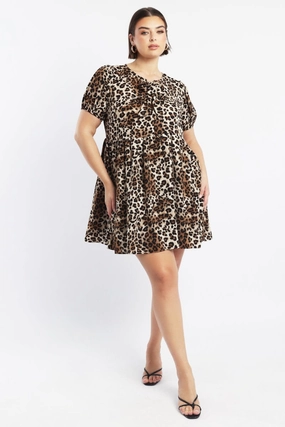 Calm Style Soft Layers Brown Animal Print Contrast Bow Leopard Minidress