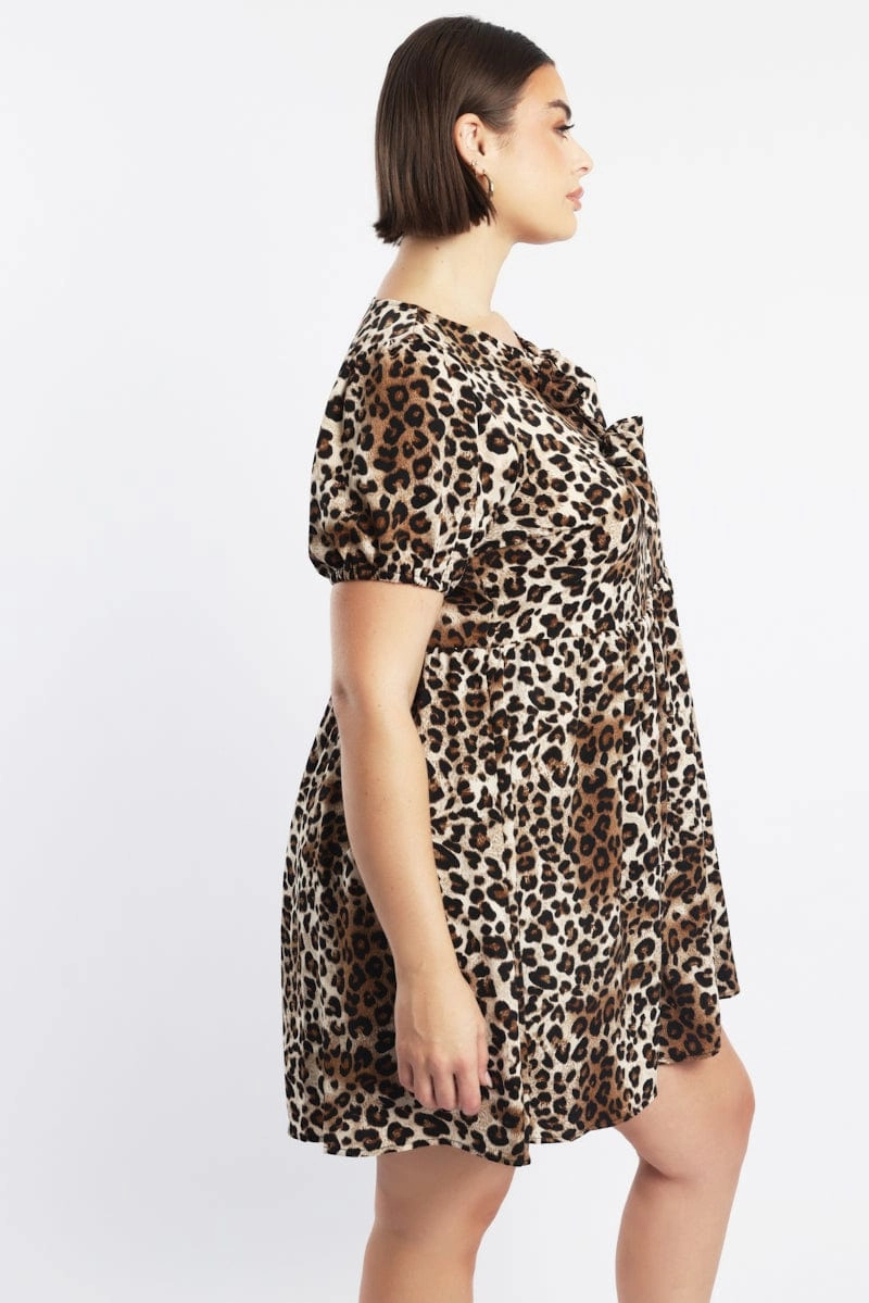 Brown Animal Print Contrast Bow Leopard Minidress Body Safe