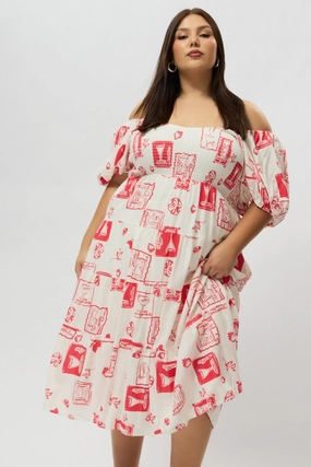 Chic and Cozy Red Abstract Midi Dress Short Sleeve Tiered Linen Blend